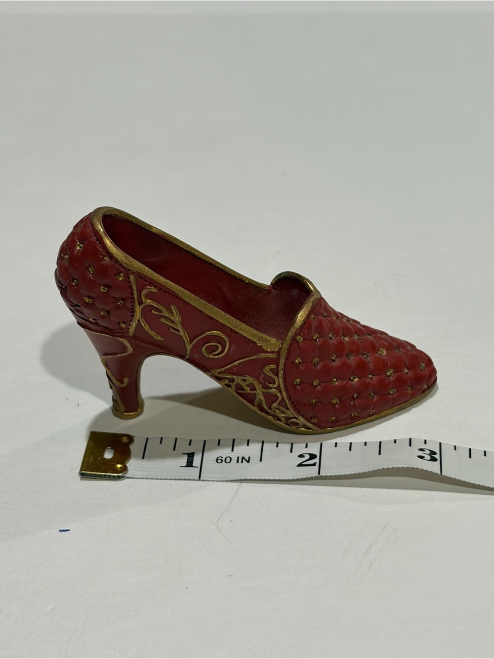 Miniature Red High Heel Shoe Figurine Gold Trim Victorian Style Decor 3"